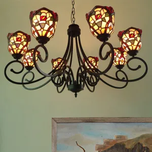 Victorian Cut Glass Arched Chandelier - 8-Light Red/Yellow/Dark Red Pendant Lamp for Living Room