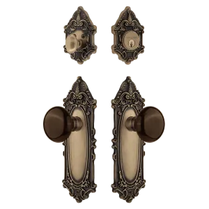 Victorian Entry Set with Brown Porcelain Knob in Antique Brass