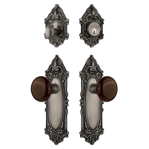 Victorian Entry Set with Brown Porcelain Knob in Antique Pewter