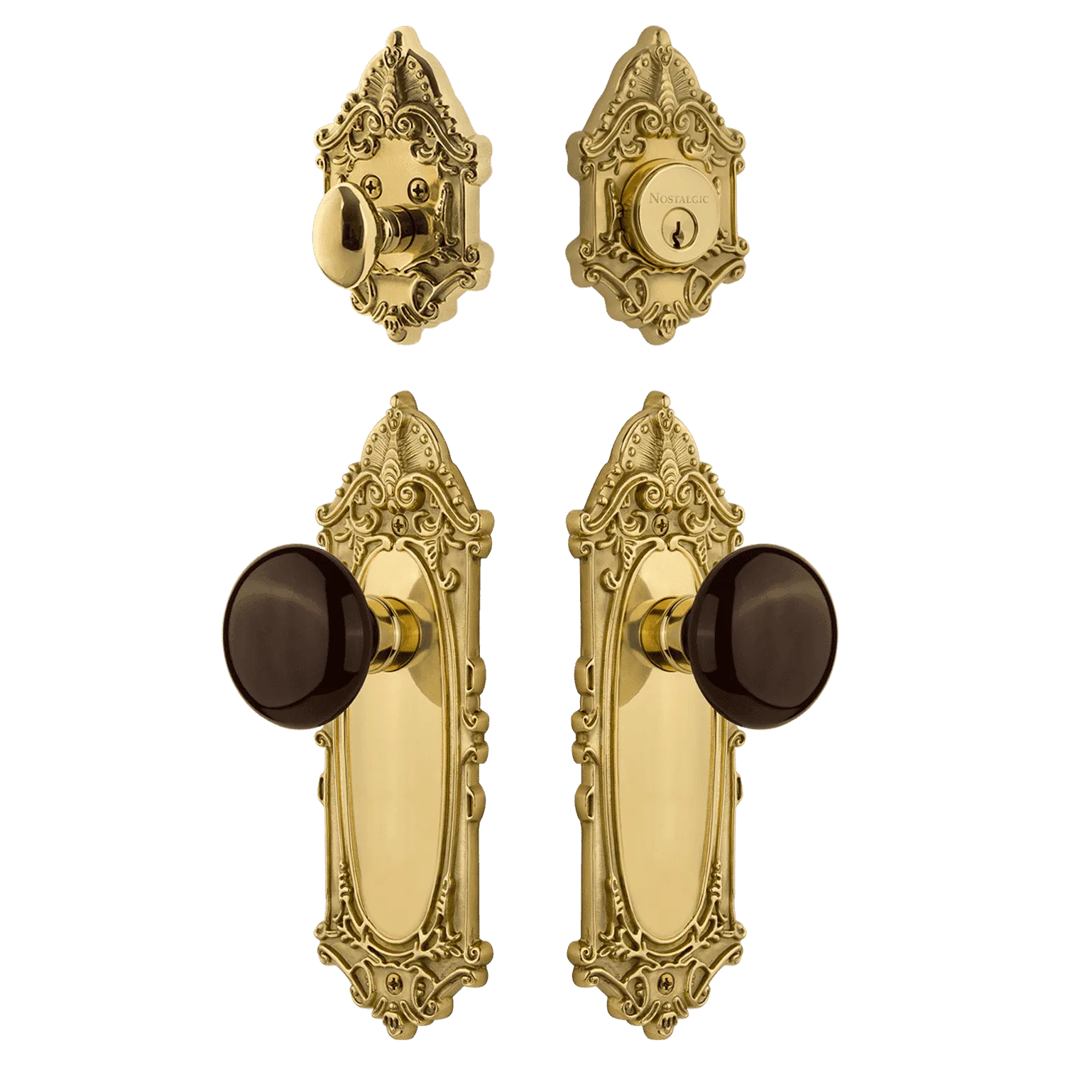 Victorian Entry Set with Brown Porcelain Knob in Polished Brass