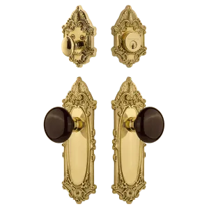 Victorian Entry Set with Brown Porcelain Knob in Polished Brass