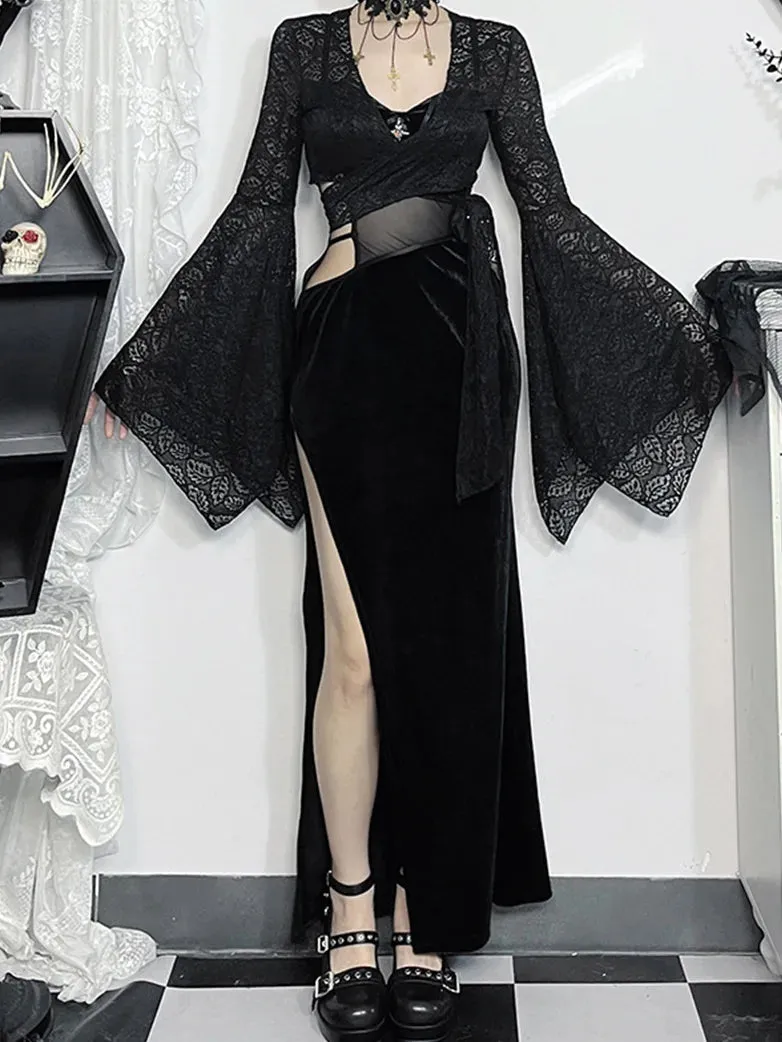 Victorian Goth Style Black Bell Sleeves Lace Tied Cardigan