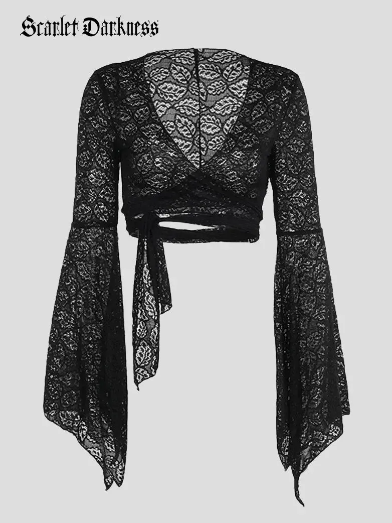 Victorian Goth Style Black Bell Sleeves Lace Tied Cardigan