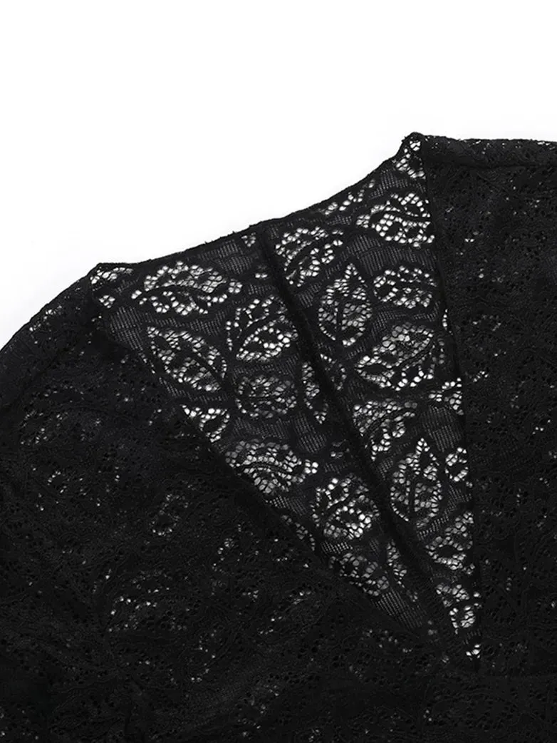 Victorian Goth Style Black Bell Sleeves Lace Tied Cardigan