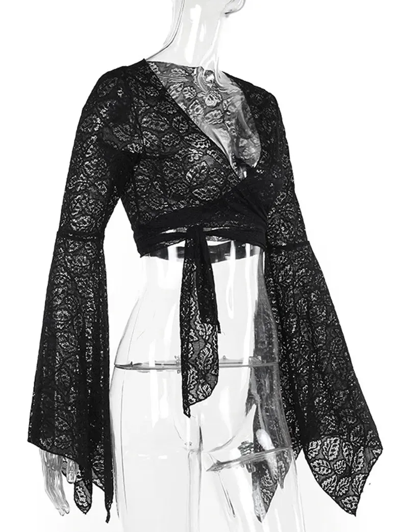 Victorian Goth Style Black Bell Sleeves Lace Tied Cardigan