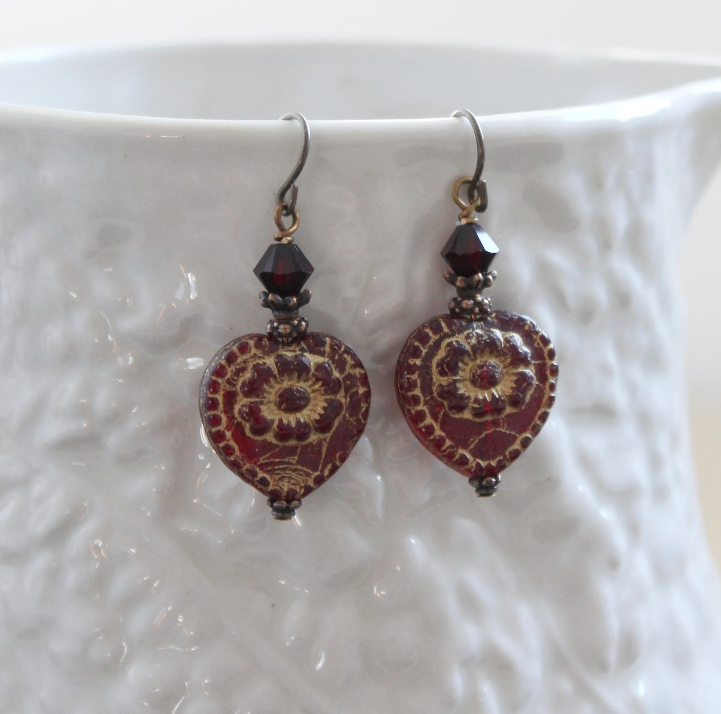 Victorian Gothic Red Heart Earrings