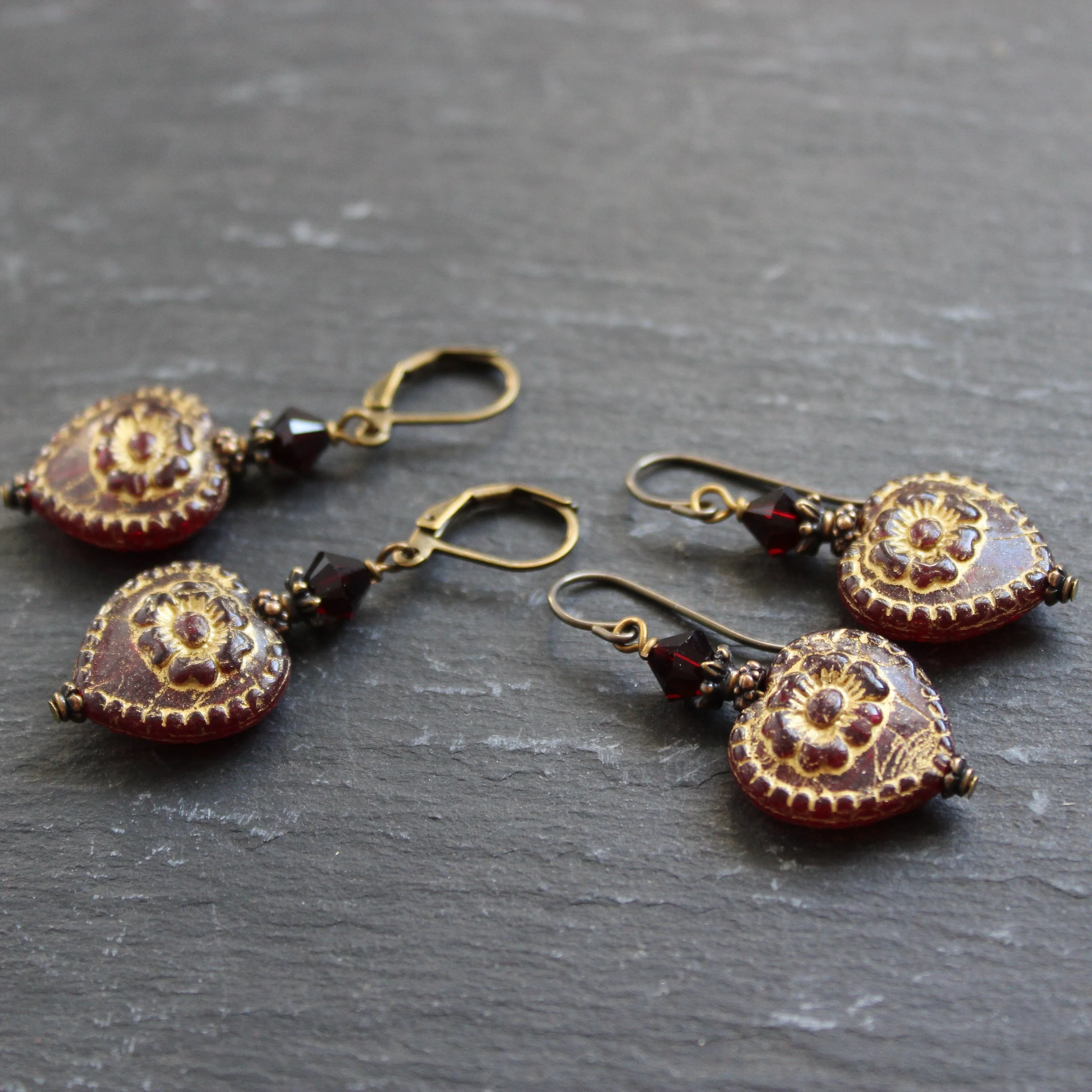 Victorian Gothic Red Heart Earrings