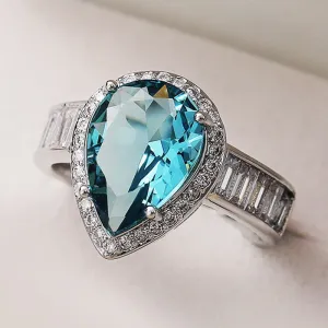 Victorian Jewelry Luxury Blue Pear Cut Cubic Zircon Cocktail Ring for Women