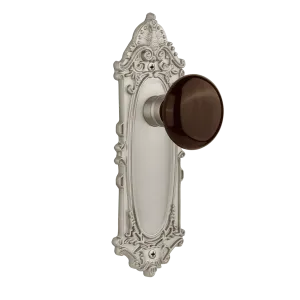 Victorian Long Plate with Brown Porcelain Knob in Satin Nickel