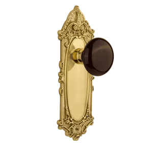 Victorian Long Plate with Brown Porcelain Knob in Unlacquered Brass