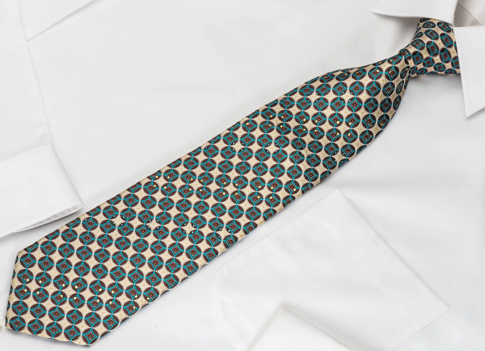 Vigevano Rhinestone Tie Brown Turquoise Geometric Circles On Silver Beige With Sparkles