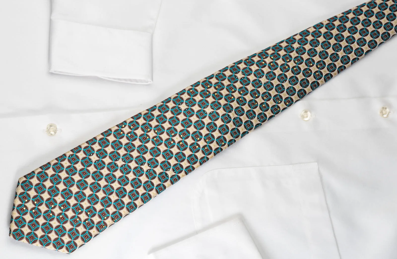 Vigevano Rhinestone Tie Brown Turquoise Geometric Circles On Silver Beige With Sparkles