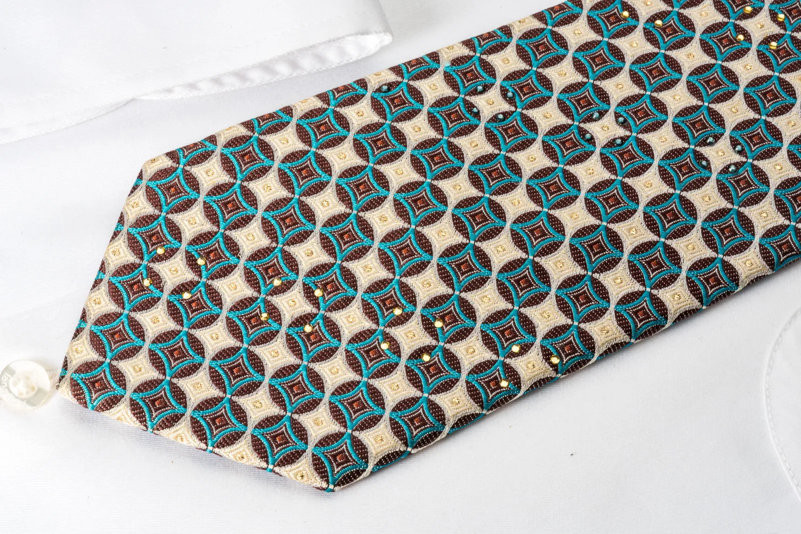 Vigevano Rhinestone Tie Brown Turquoise Geometric Circles On Silver Beige With Sparkles