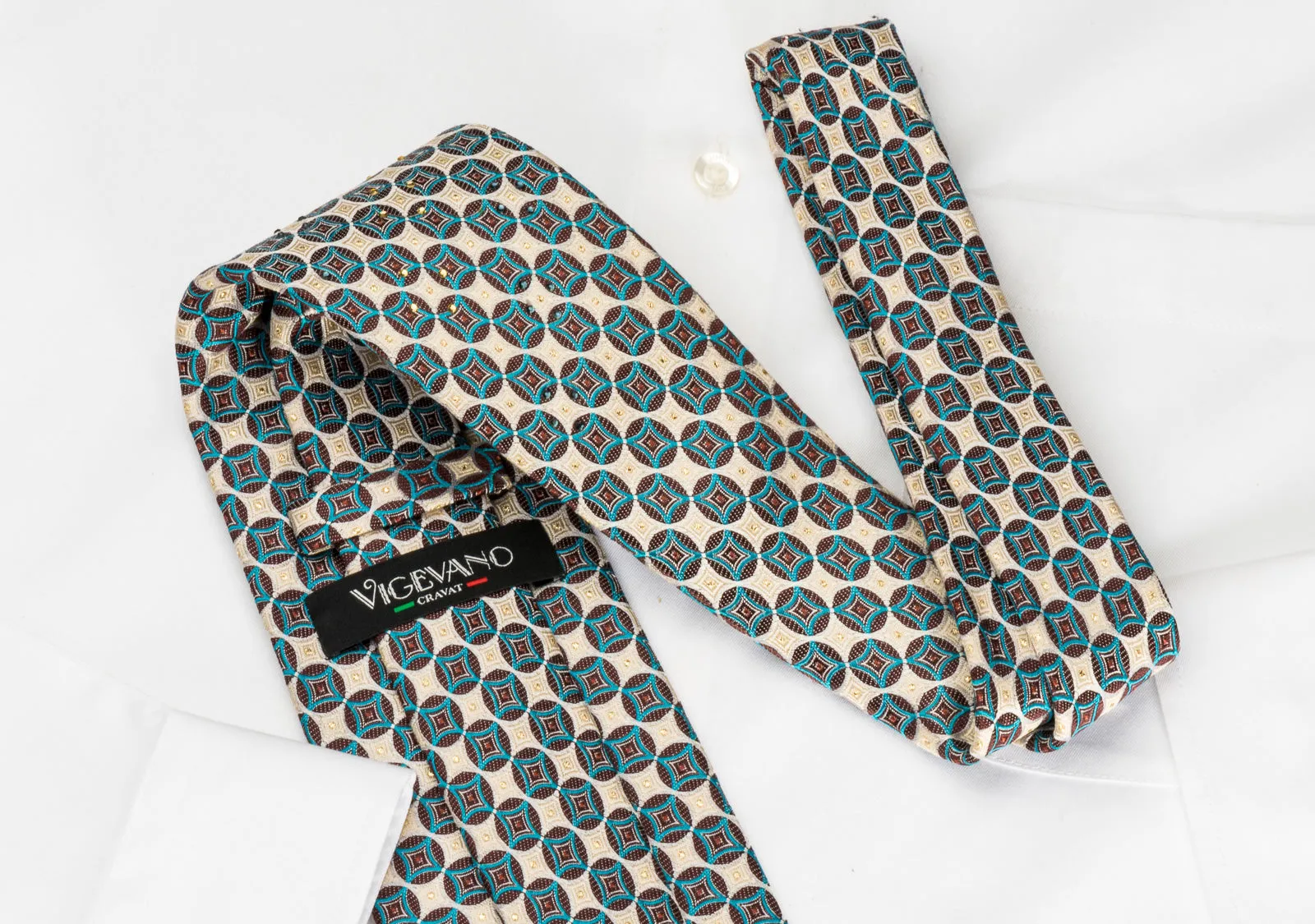 Vigevano Rhinestone Tie Brown Turquoise Geometric Circles On Silver Beige With Sparkles