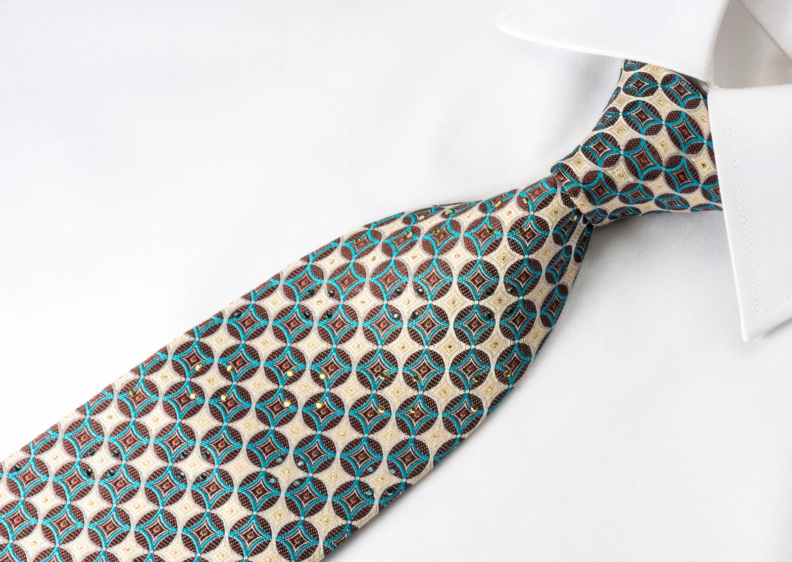 Vigevano Rhinestone Tie Brown Turquoise Geometric Circles On Silver Beige With Sparkles