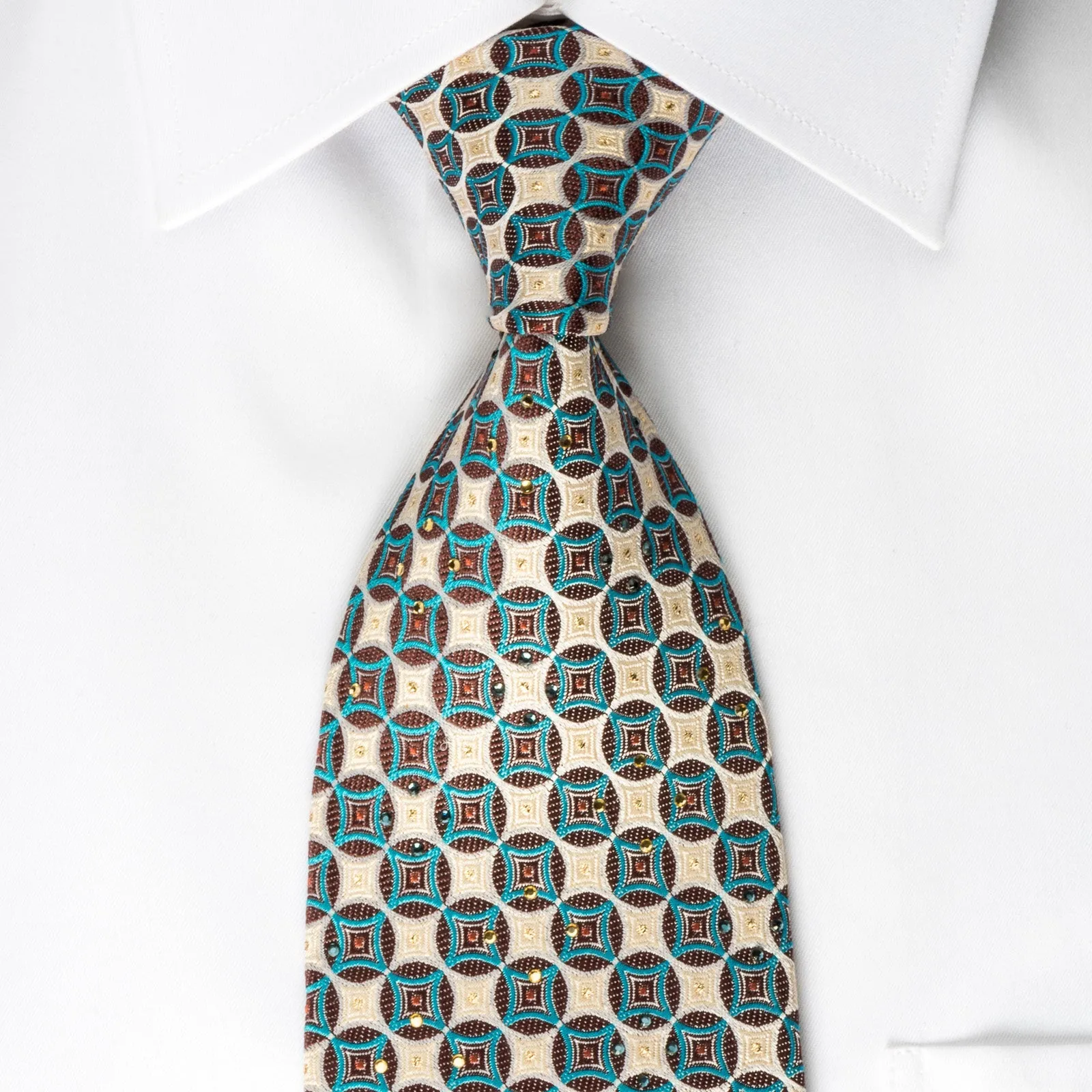 Vigevano Rhinestone Tie Brown Turquoise Geometric Circles On Silver Beige With Sparkles