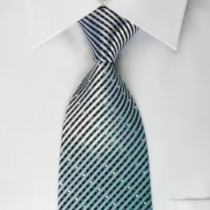 Vigevano Silk Rhinestone Necktie Silver Blue Striped On Blue With Silver Sparkles