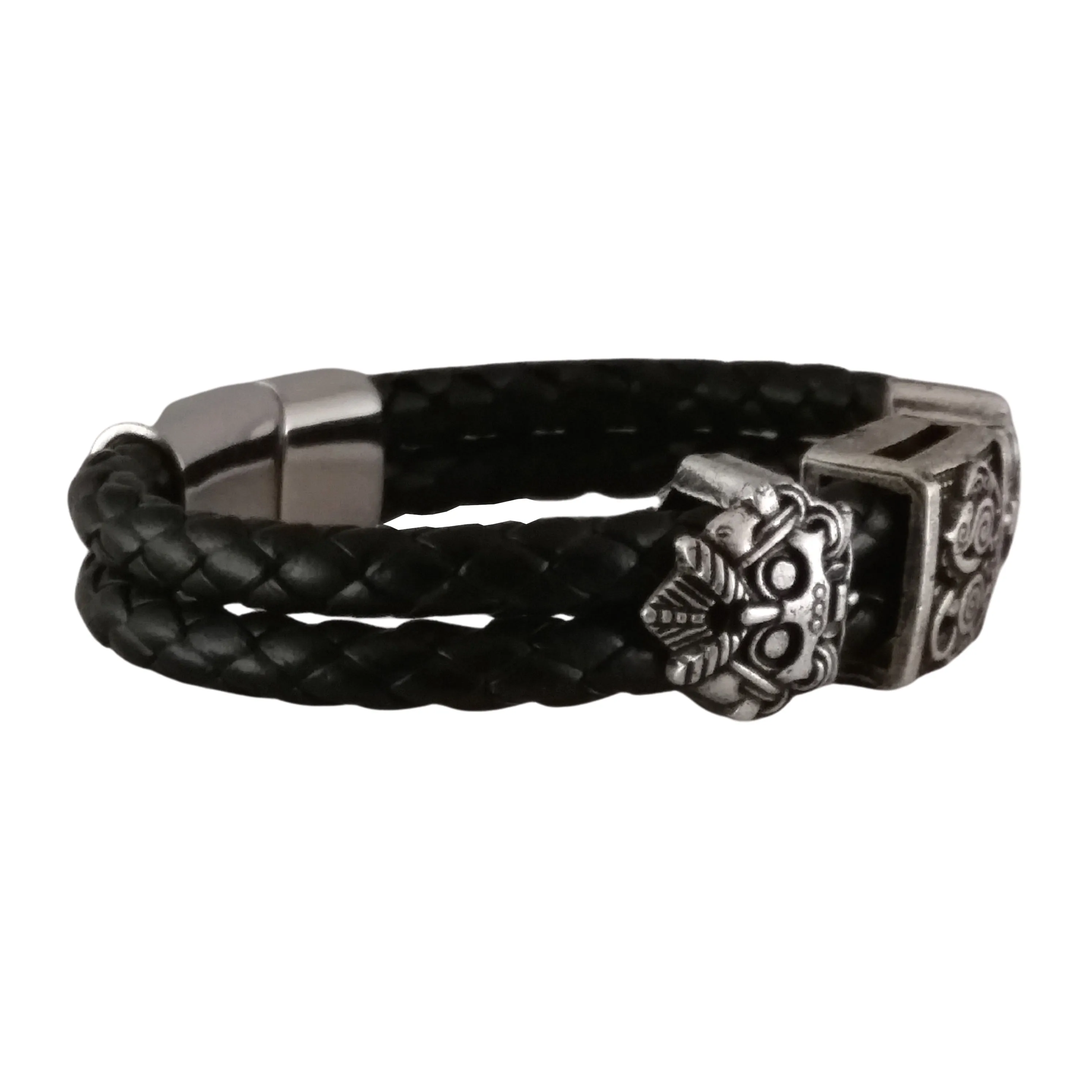 Viking Bracelet Silver Black Leather Odin Sleipnir