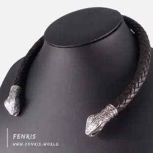 Viking Torc Silver Snake Brown Leather | Fenris