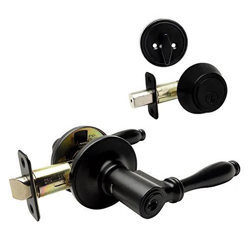 Villa Matte Black Entry Lever with Matching Single Cylinder Deadbolt Combo Pack