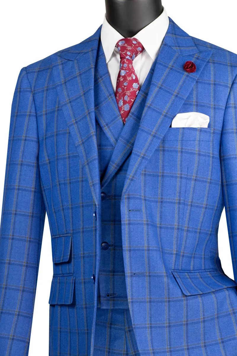 Vinci Modern Fit 3 Piece Windowpane Suit (Royal) MV2W-2