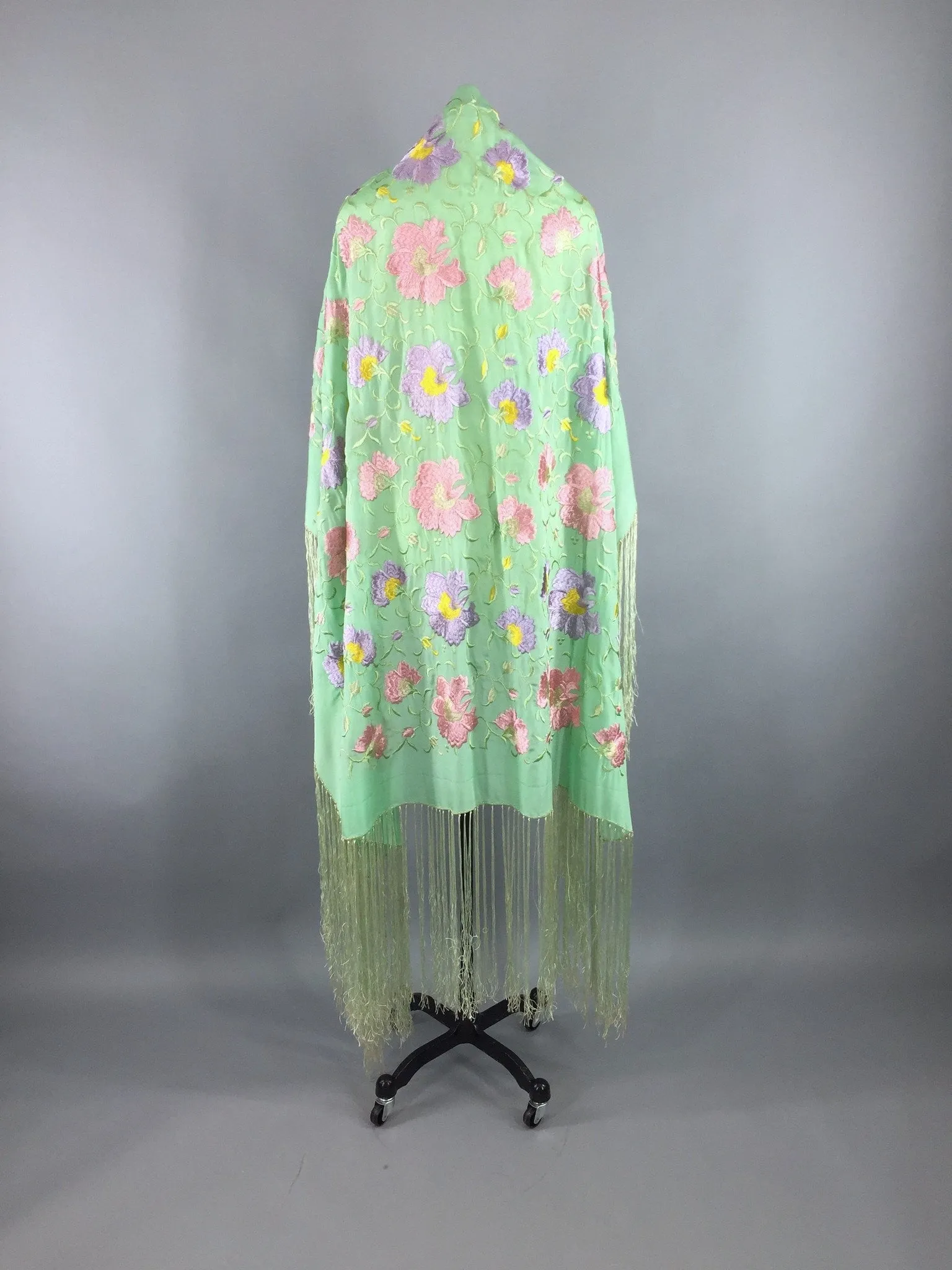 Vintage 1920s - 1930s Embroidered Silk Fringed Piano Shawl Wrap