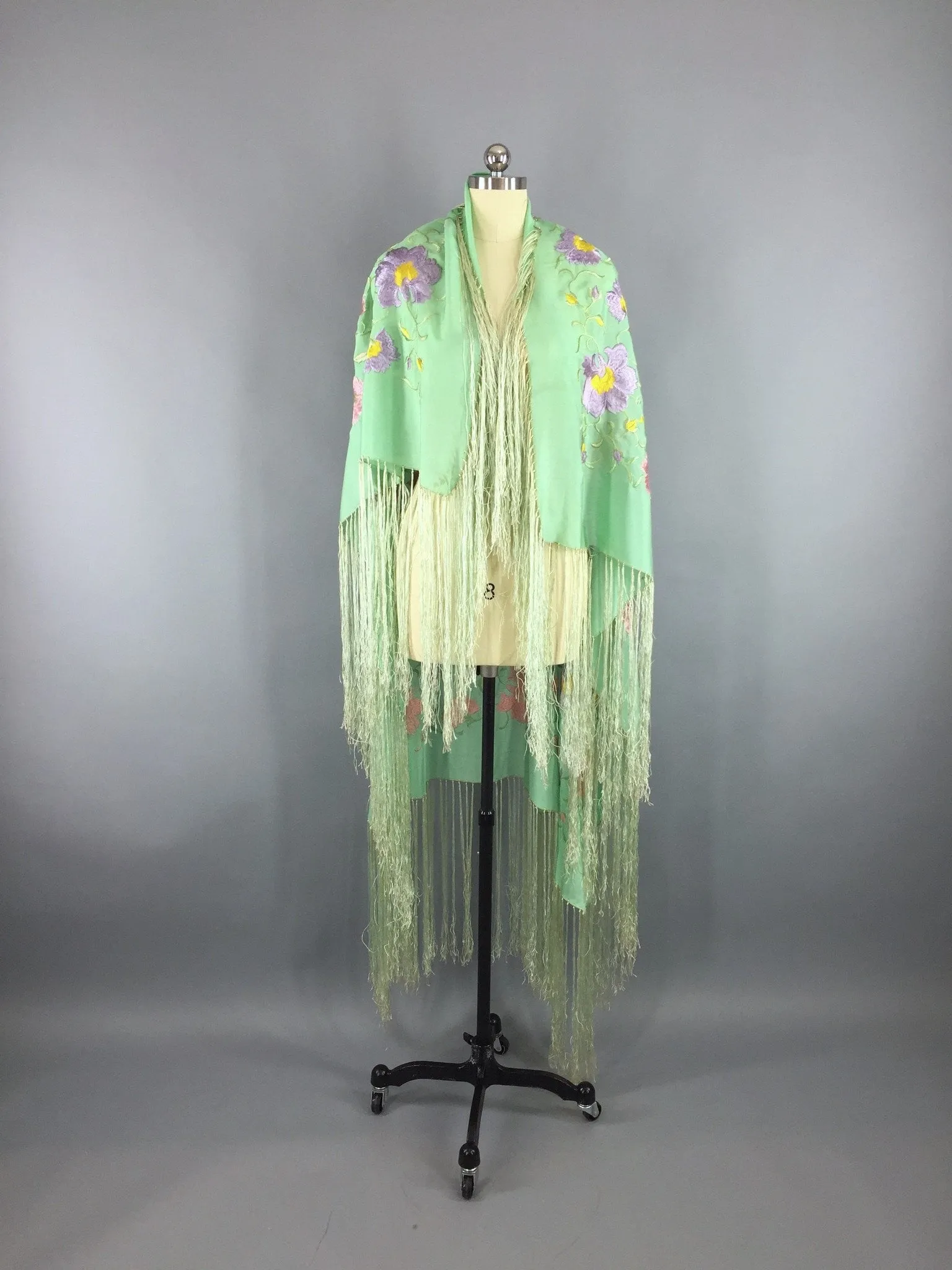 Vintage 1920s - 1930s Embroidered Silk Fringed Piano Shawl Wrap