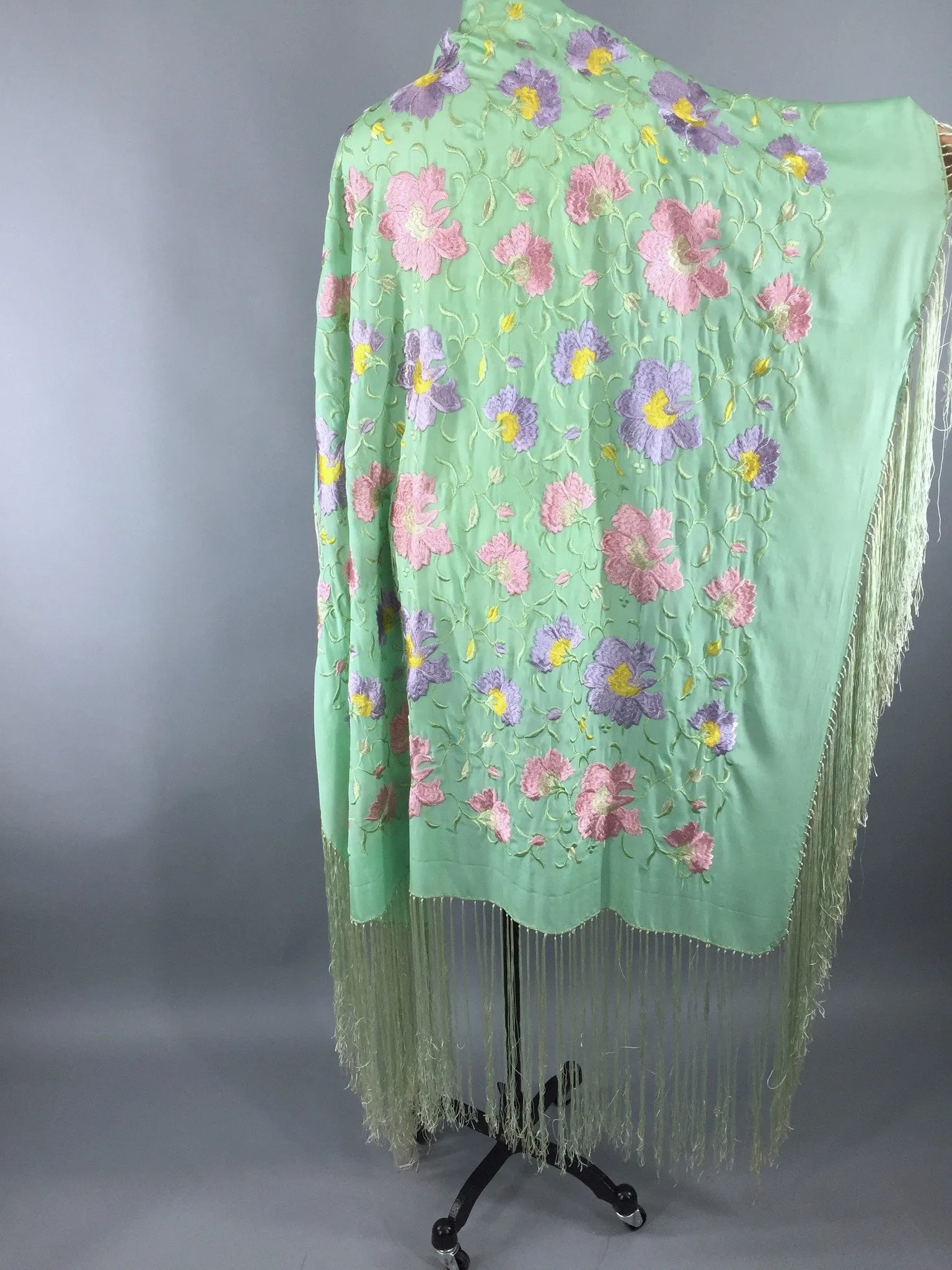 Vintage 1920s - 1930s Embroidered Silk Fringed Piano Shawl Wrap