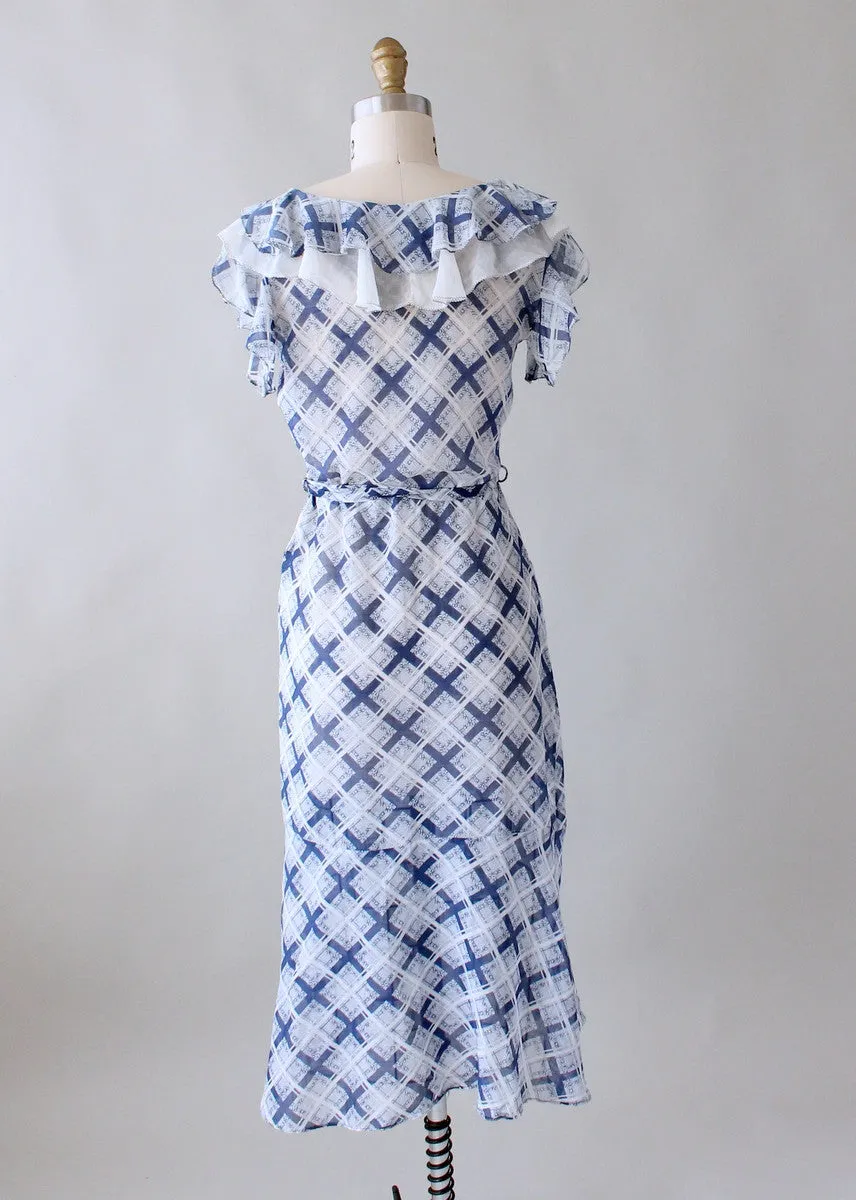 Vintage 1930s Blue and White Check Day Dress