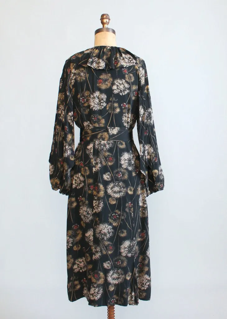 Vintage 1930s Dandelion Print Rayon Day Dress