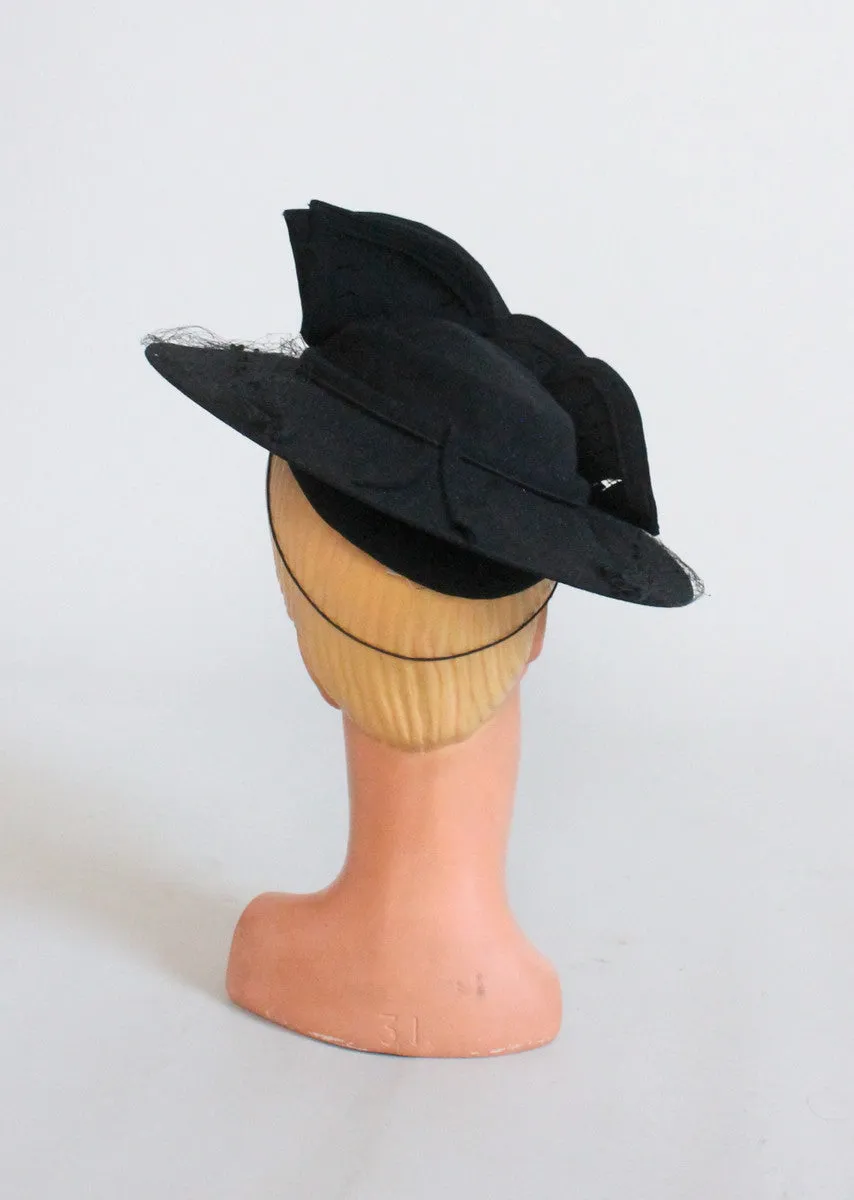 Vintage 1930s Noir Leaves Black Tilt Hat