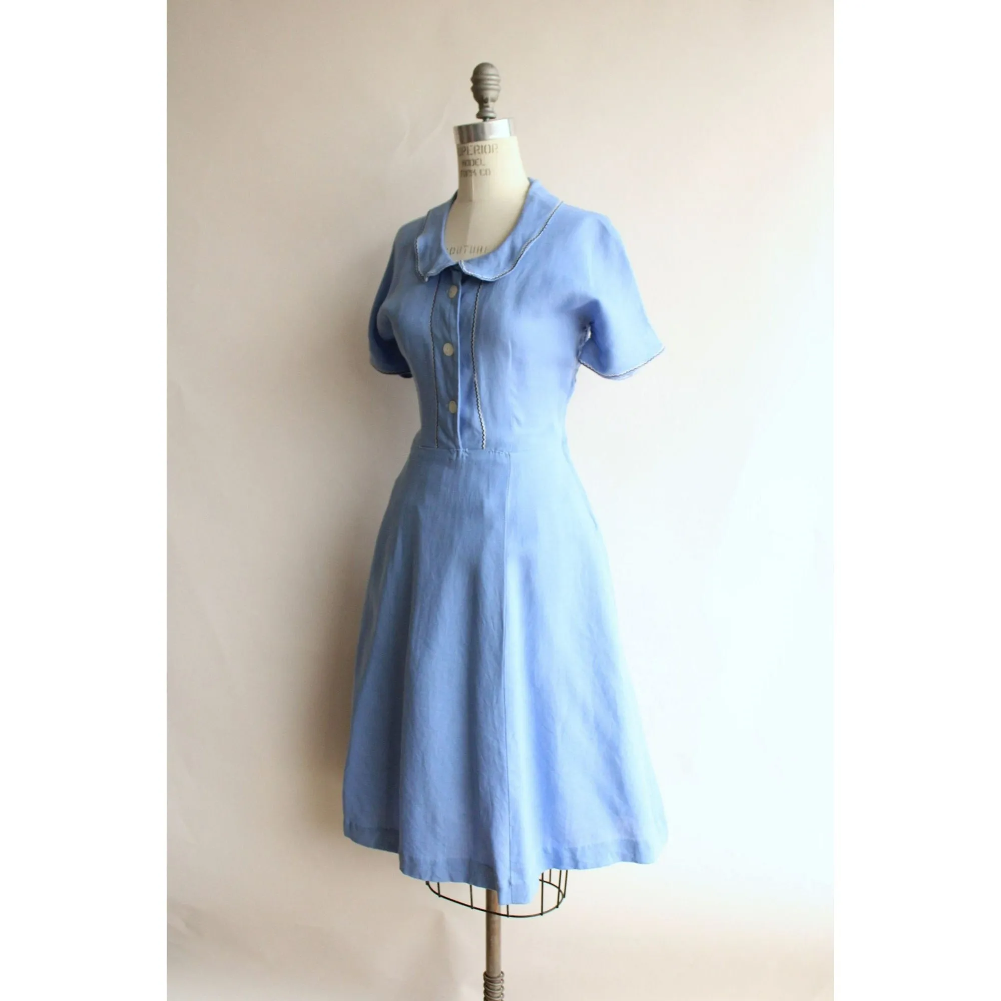 Vintage 1940s 1950s Sky Blue Linen Dress With Peter Pan Collar