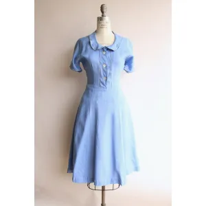 Vintage 1940s 1950s Sky Blue Linen Dress With Peter Pan Collar