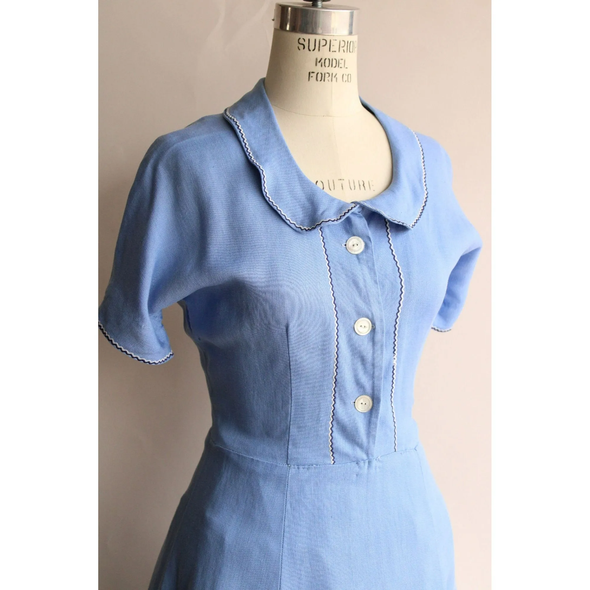 Vintage 1940s 1950s Sky Blue Linen Dress With Peter Pan Collar