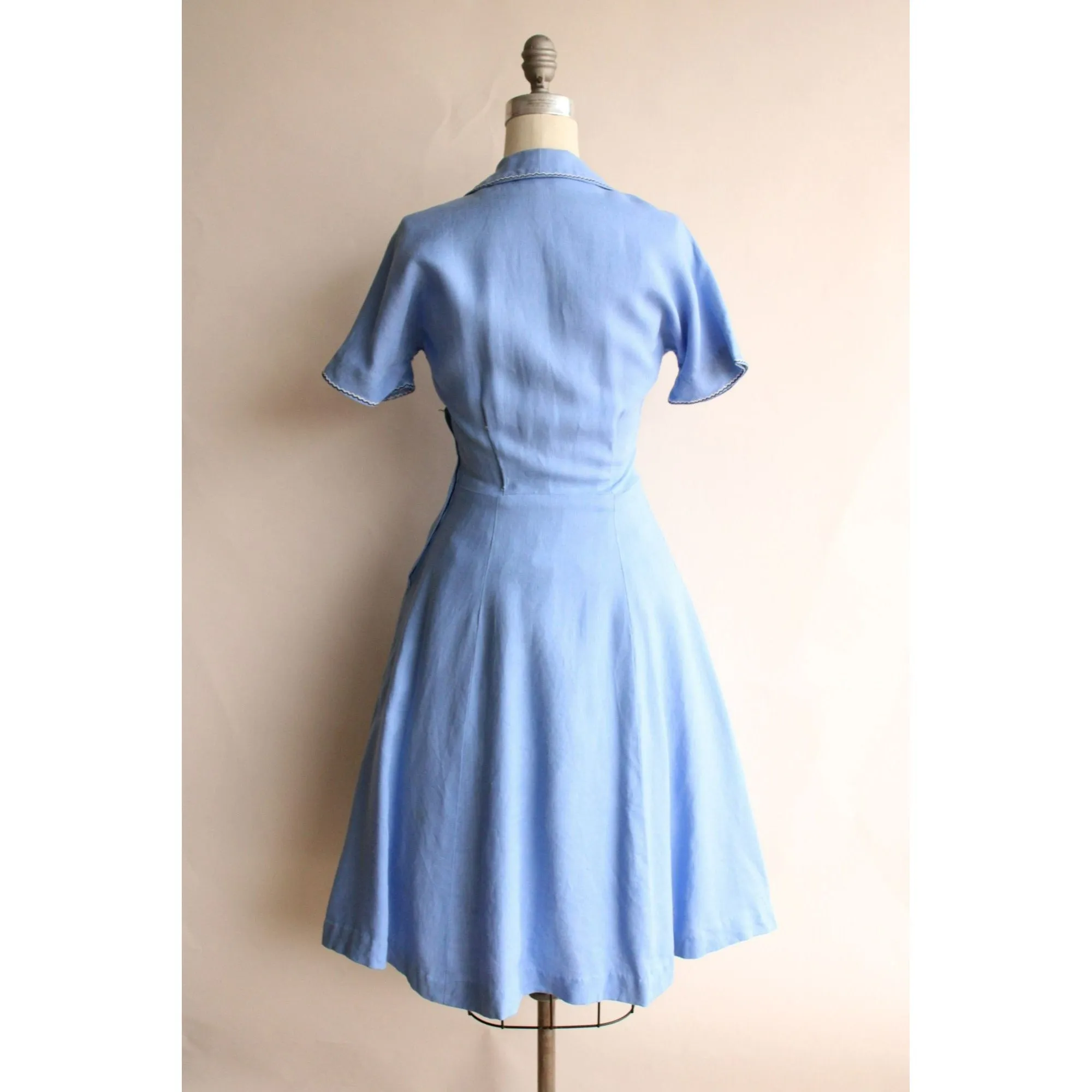 Vintage 1940s 1950s Sky Blue Linen Dress With Peter Pan Collar