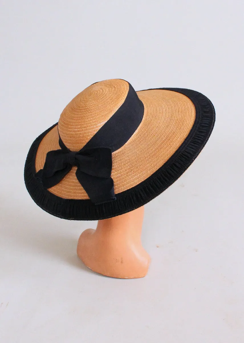 Vintage 1940s Wide Brim Straw Hat with Pleated Ribbon Trim