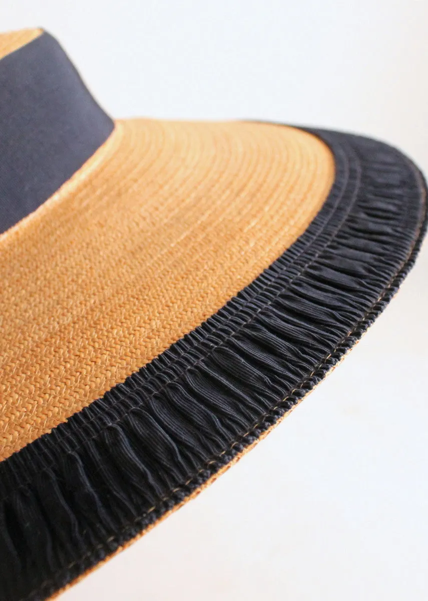 Vintage 1940s Wide Brim Straw Hat with Pleated Ribbon Trim