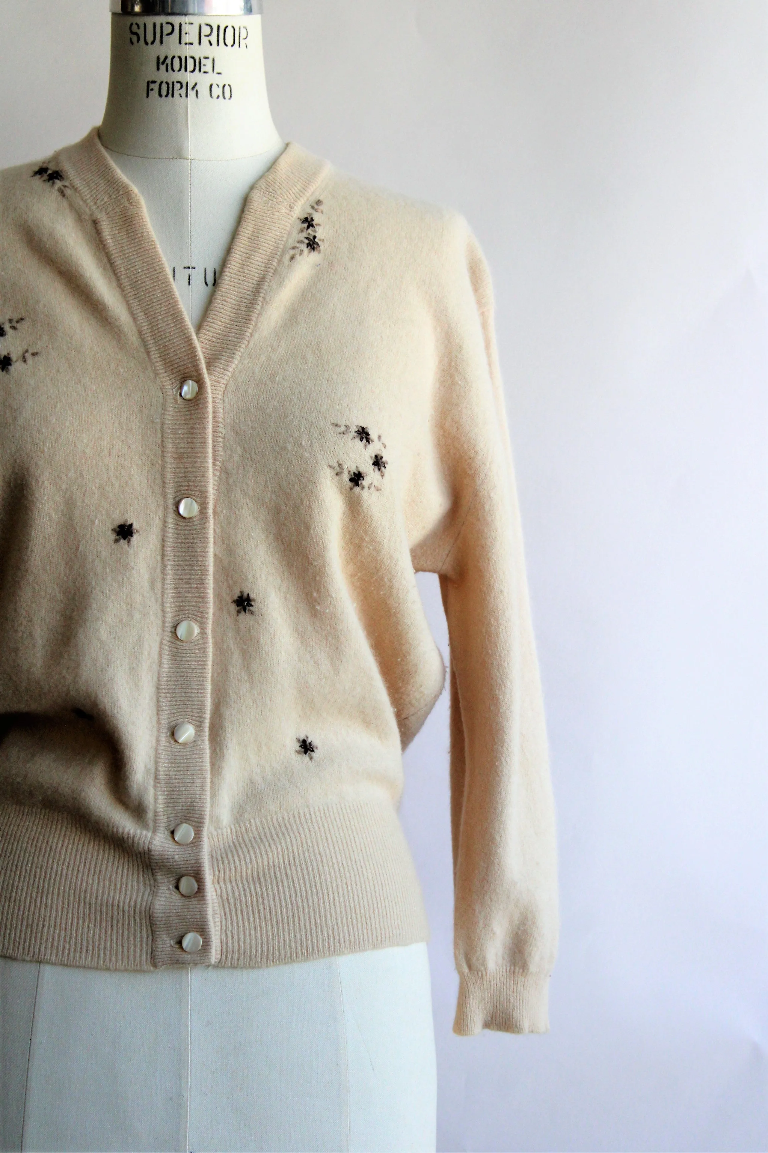 Vintage 1950s Cashmora Sweater With Brown Floral Embroidery