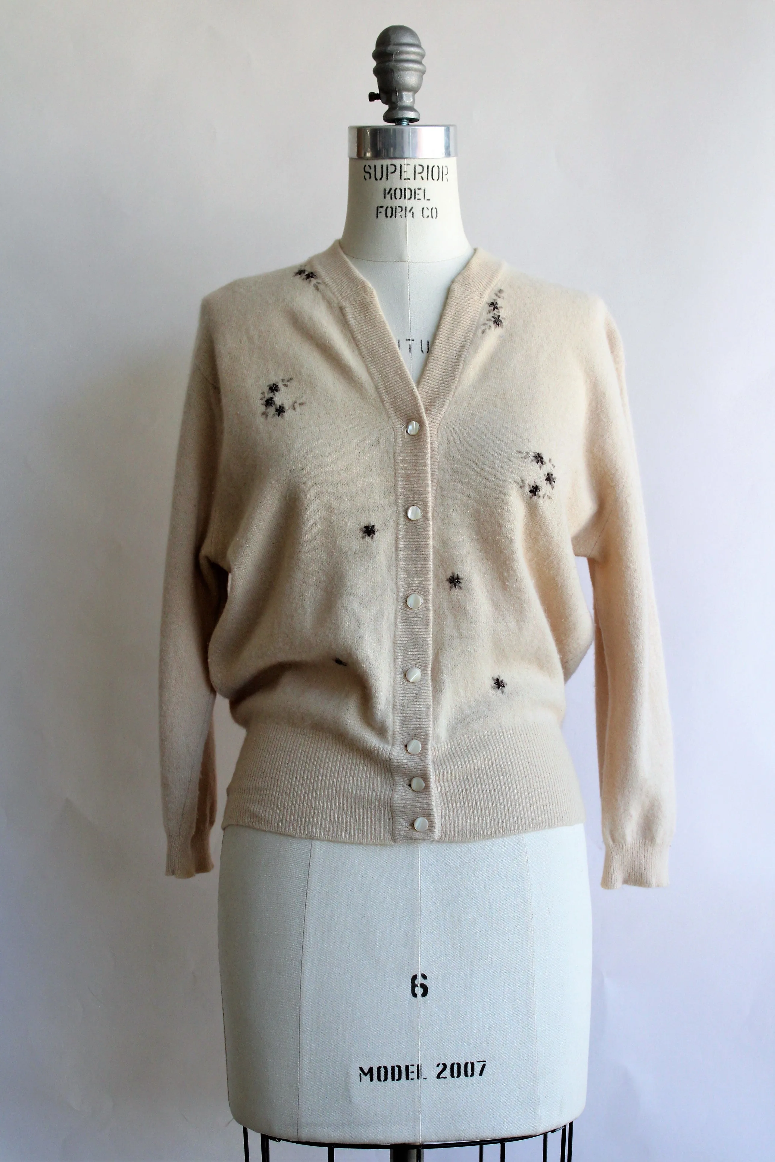 Vintage 1950s Cashmora Sweater With Brown Floral Embroidery