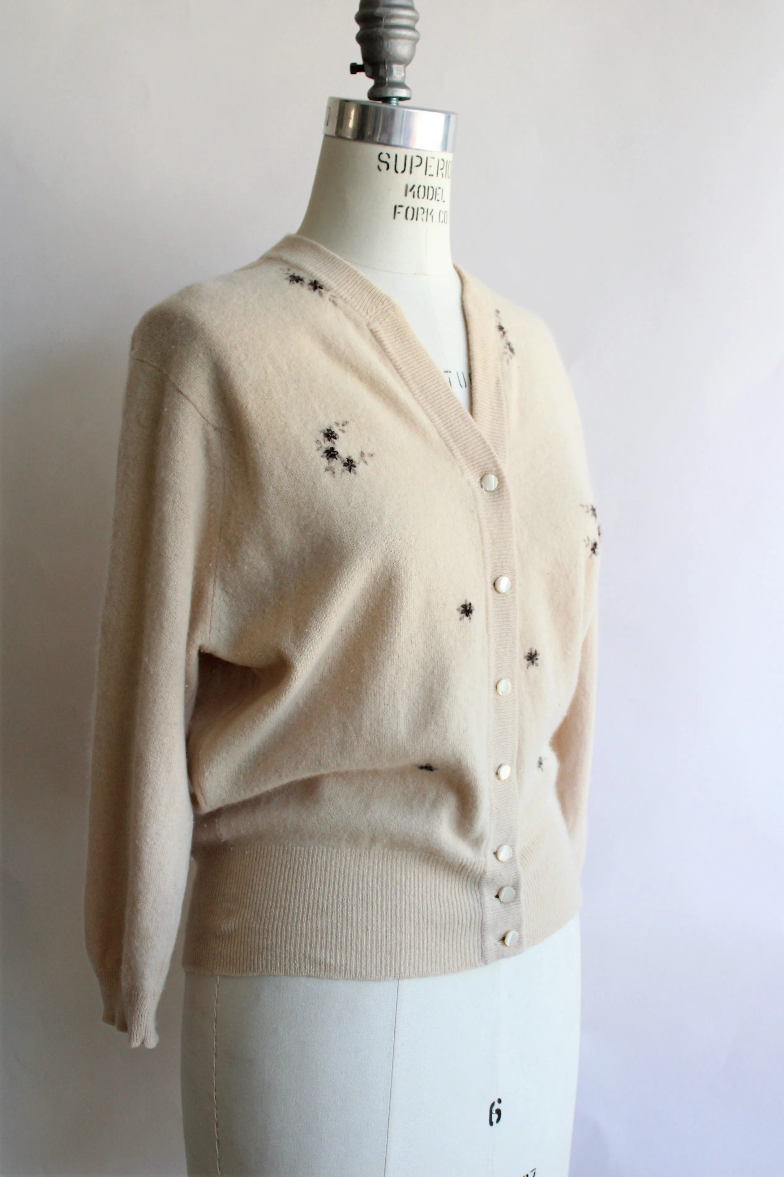 Vintage 1950s Cashmora Sweater With Brown Floral Embroidery