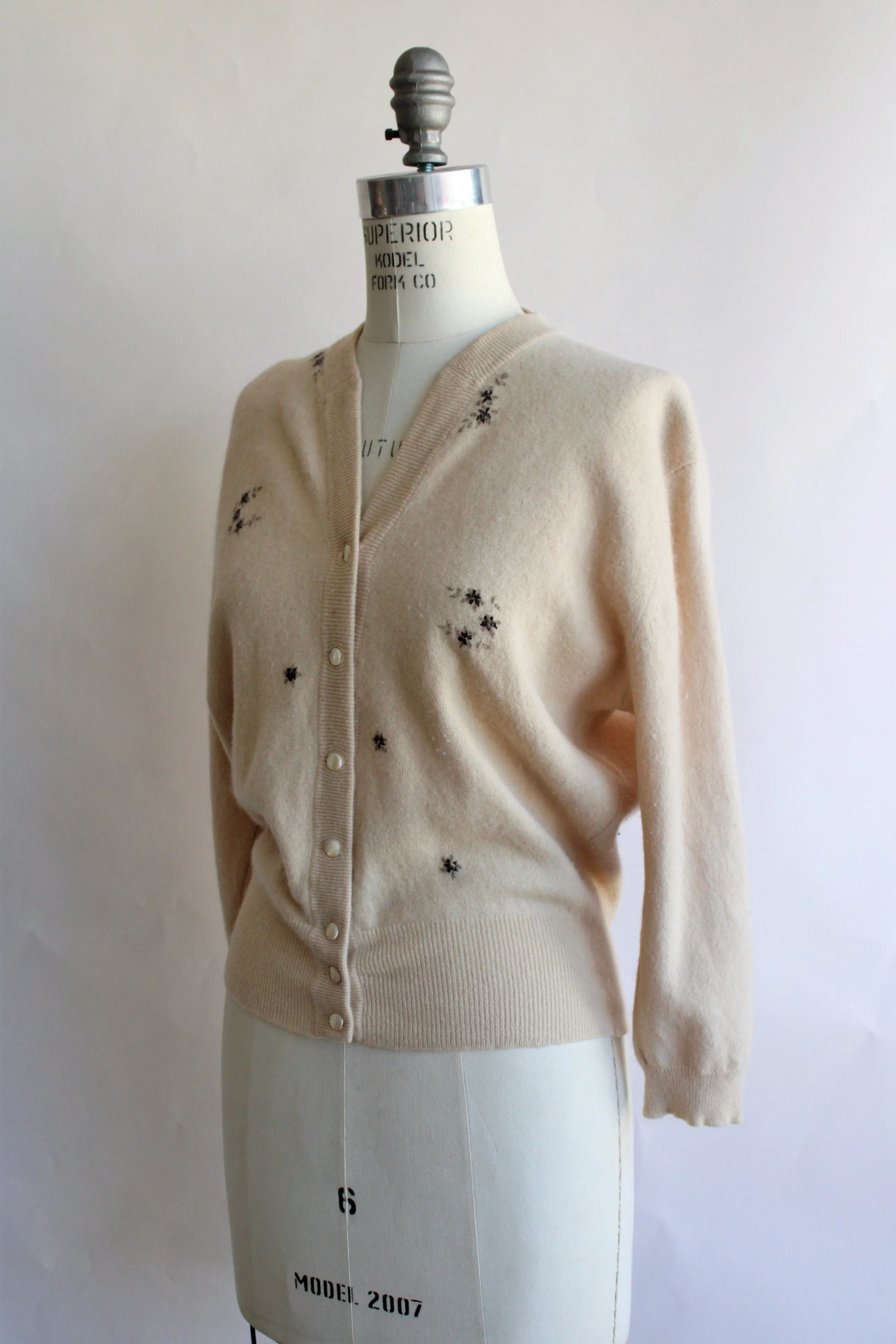 Vintage 1950s Cashmora Sweater With Brown Floral Embroidery