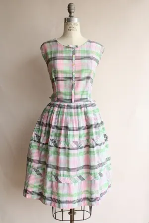 Vintage 1950s Fit and Flare Green and Pink and Black Check Dress