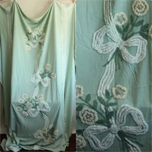 Vintage 1950s Mint Green King Size Chenille and Linen Coverlet