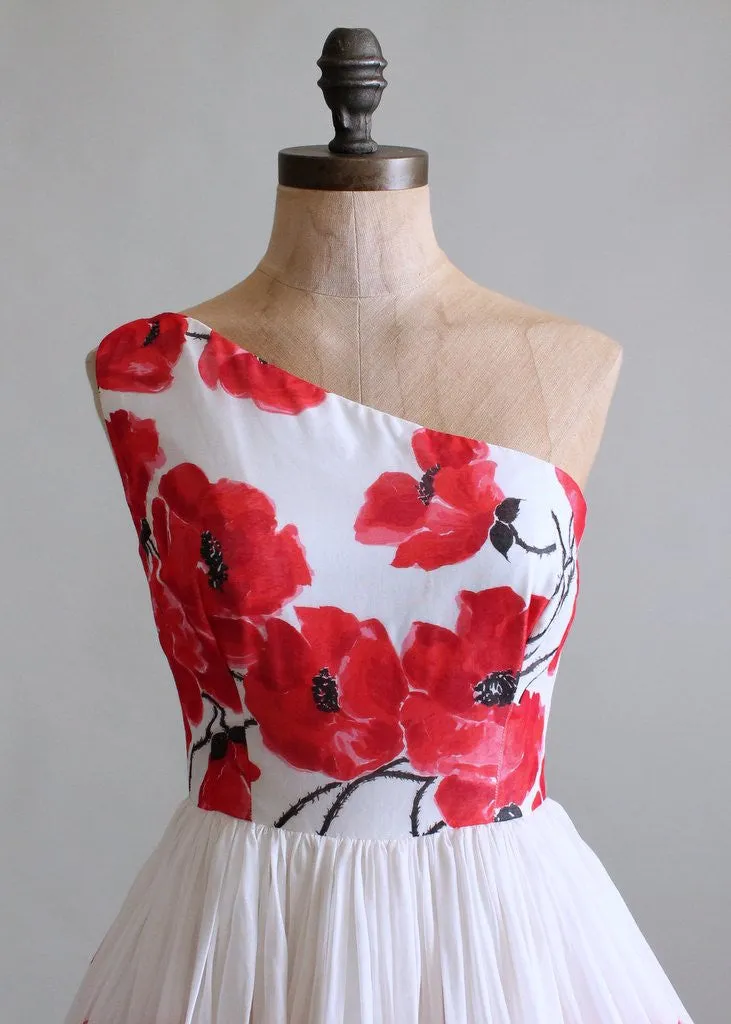 Vintage 1950s Poppies Floral One Shoulder Party Dress