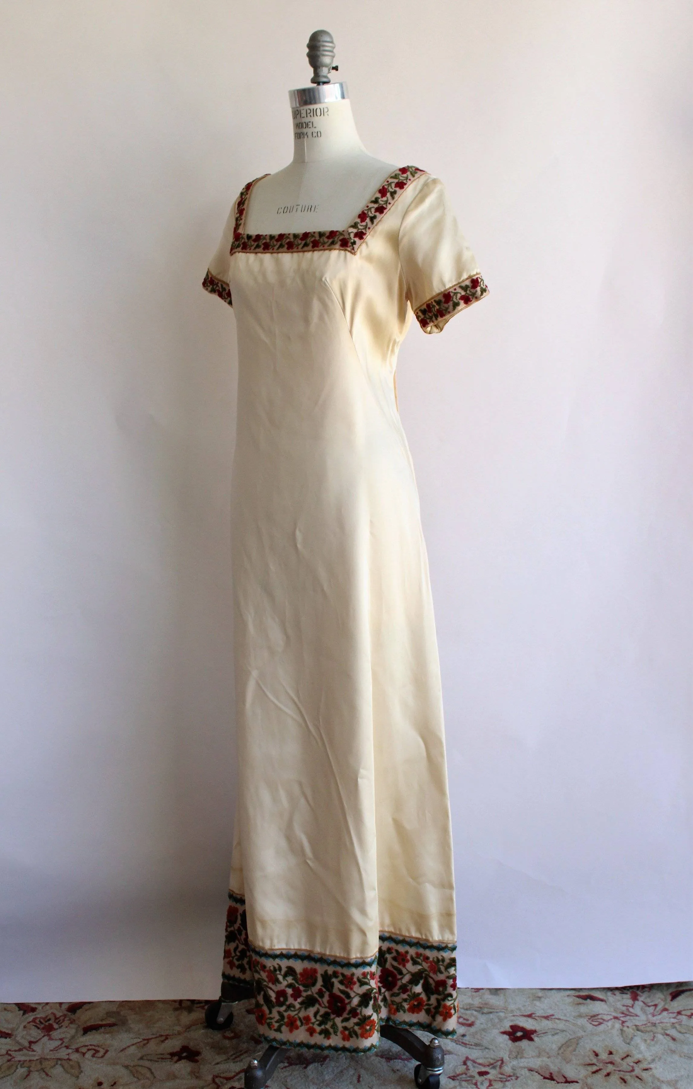 Vintage 1960s Emma Domb Ivory Satin Medieval Inspired Dress