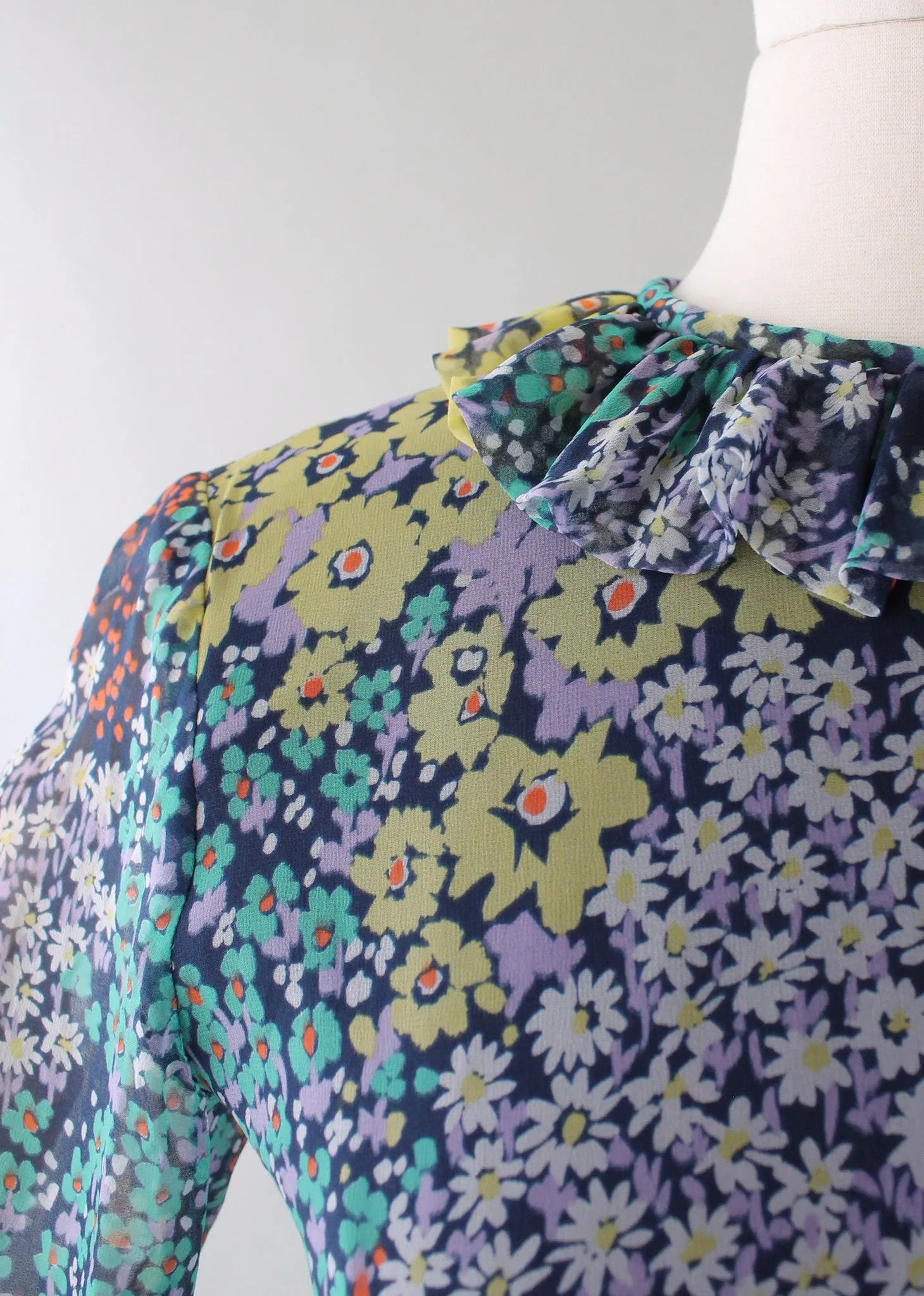 Vintage 1960s Floral Chiffon Long Sleeve Maxi Dress