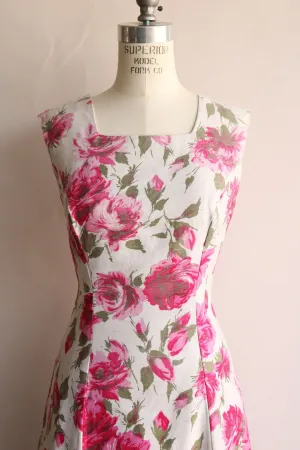 Vintage 1960s Pink Rose Print Fit and Flare Dress