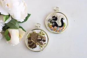 Vintage 1970s 1980s Framed Animal Embroidery of A Skunk and A Raccoon