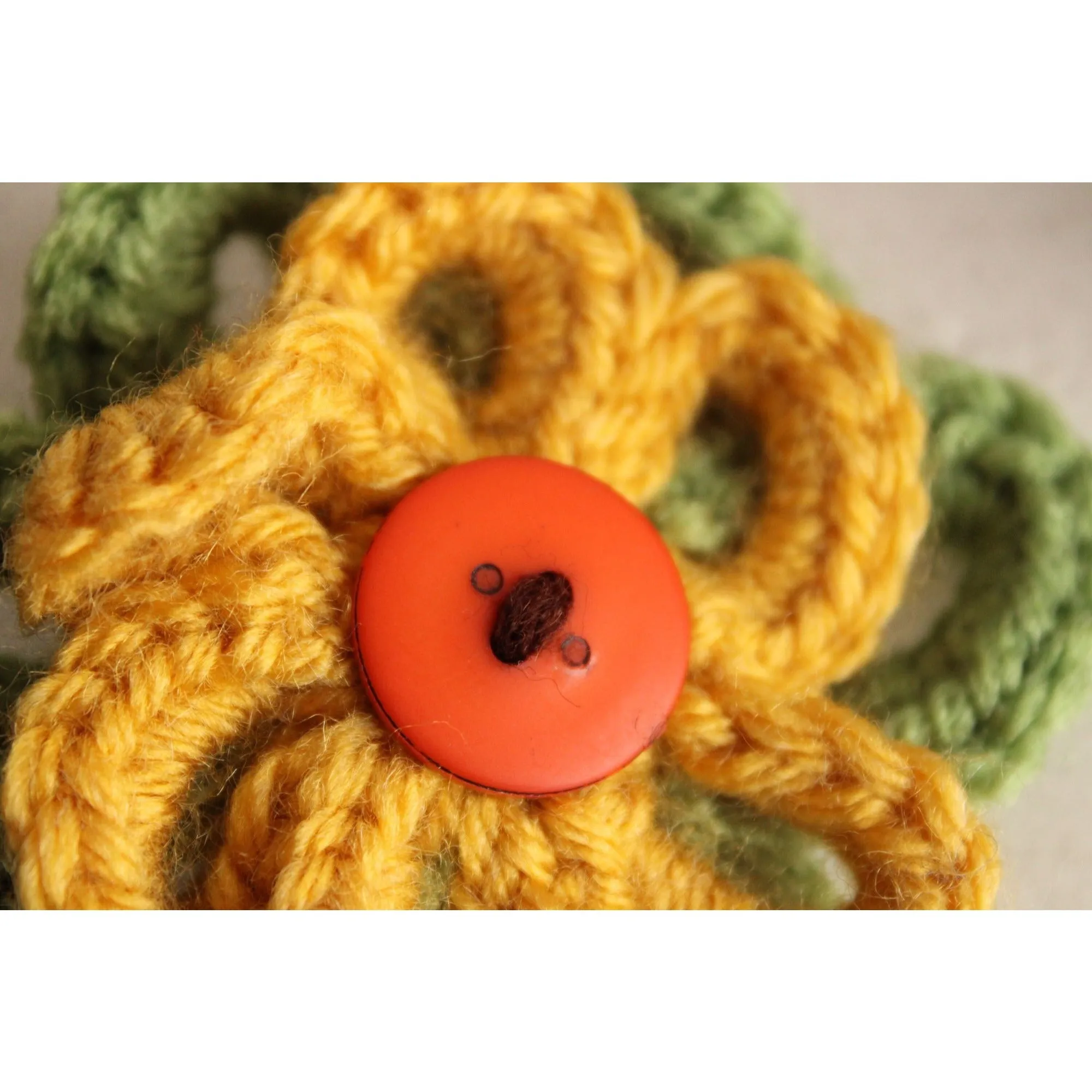 Vintage 1970s Brooch, Knit Flower with Button Center