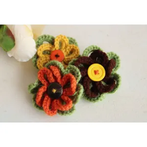 Vintage 1970s Brooch, Knit Flower with Button Center